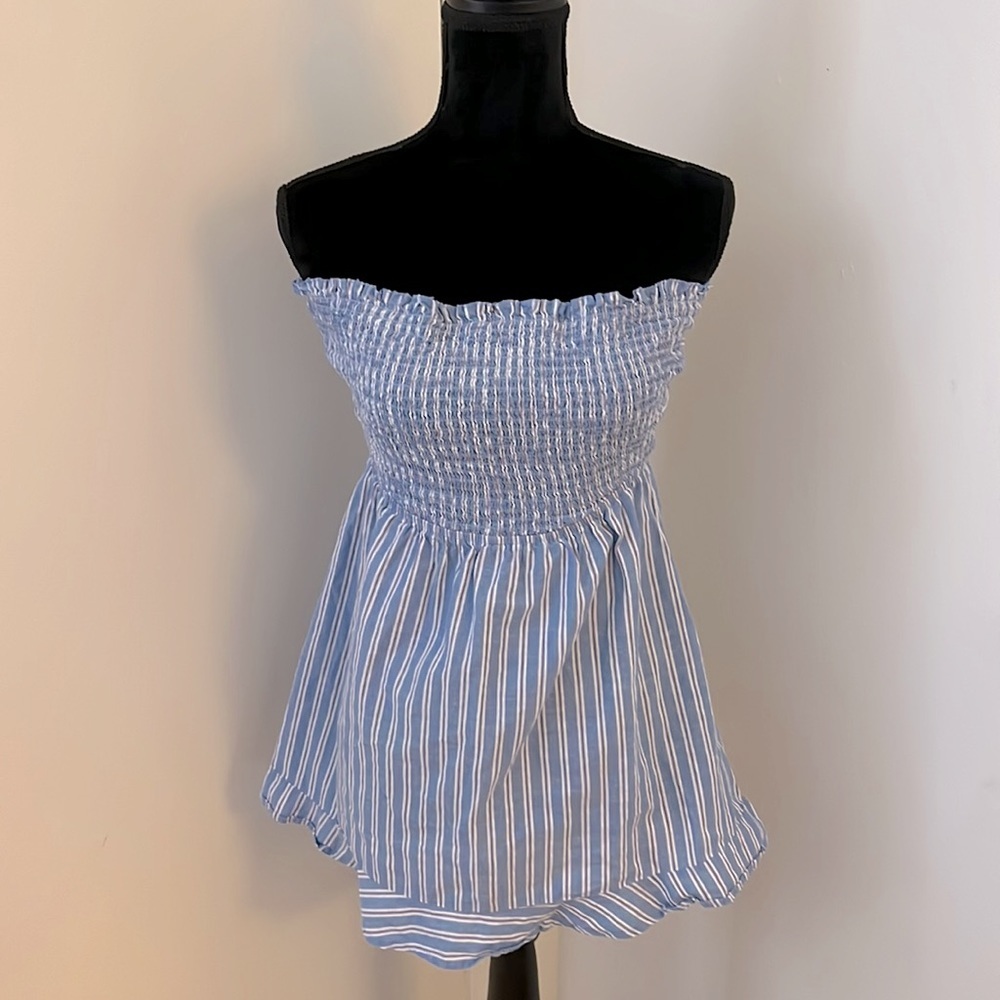 TOBI Sz Small Cotton Strapless Striped Blouse Top. stretchy top, flouncy bottom